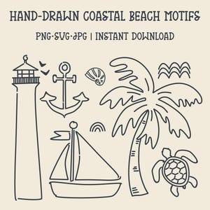 Puede incluir: Motivos de playa costera dibujados a mano en arte lineal negro. Incluye un faro, un ancla, un velero, una palmera, una tortuga, una concha y olas. El texto dice: "HAND-DRAWN COASTAL BEACH MOTIFS" y "PNG SVG JPG | INSTANT DOWNLOAD."