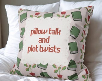 Pillow Talk and Plot Twists Pillow Cover | Needlepoint Inspired Design | Quote PIllowcase for Book Lovers, Avid Readers | Romance Readers