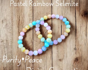 Pastel Rainbow Selenite Bracelet, Crystal Gemstone Beads