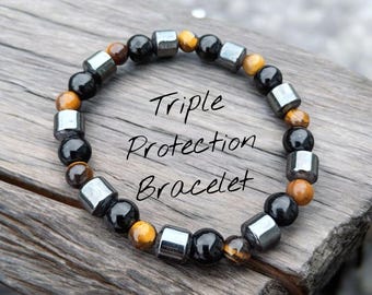 Triple Protection Beaded Bracelets | 6 and 8mm | Healing Crystals | Gemstone | Intention | Stackable | Christmas | Gifts | Jewelry