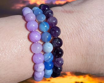 Crystal Healing Bracelet Set, Amethyst, Blue Lace Agate, Purple Jade