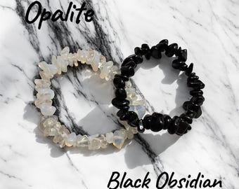 Opalite & Black Obsidian Crystal Chip Bracelets, Set of 2
