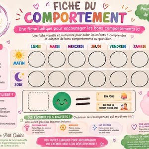 Può includere: Una tabella del comportamento colorata per bambini dai 2 ai 6 anni, con una griglia settimanale per le sezioni mattina e sera, un logo colibrì e sezioni per premi e istruzioni, il tutto con testo in lingua francese.