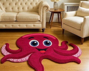 Modern Octopus Rug Handmade : Tufted Area Carpet for Kids Room or Living Room Decor