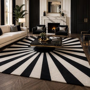May include: A striking black and white striped rug dominates the living room. The rug's design radiates outwards, creating a sunburst pattern. The room includes a cream sofa, black armchairs, and a marble fireplace, contributing to a modern aesthetic.
