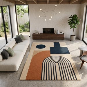 Hand Tufted Wool Rug, Modern Arch Geometric Carpet, Mid Century Living Room Home