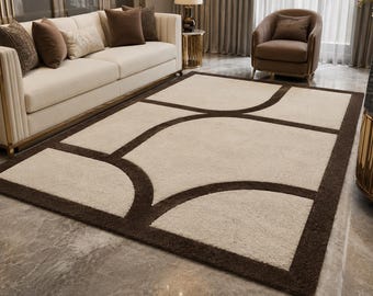 Hand Tufted Wool Area Rug, Cream Brown Geometric Abstract Carpet, Modern Living Room Decor