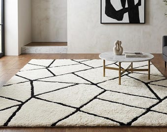 Hand Tufted Wool Rug, Modern Geometric Black and white Ivory Carpet, Minimalist Abstract