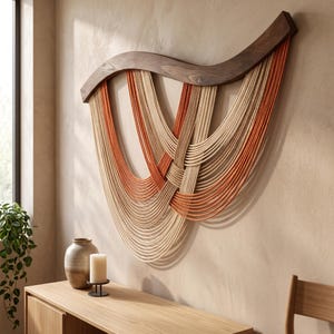 Op de afbeelding: Een wandhanger met een gebogen bovenbalk van donker hout en meerdere gedrapeerde strengen van crème en roestoranje touw. De touwen zijn gerangschikt in overlappende, gelaagde lussen die een symmetrisch en vloeiend patroon op de muur vormen.
