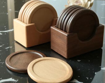 Walnut & Beech Wood Coaster Set with Holder | Rustic Drink Coasters | Natural Wooden Table Decor | Handmade Farmhouse Gift Set