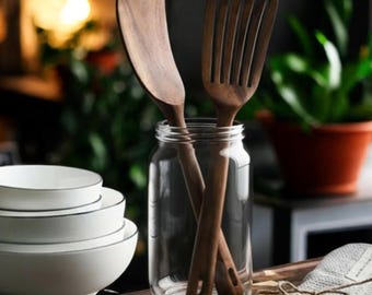 Teak Wood Spatula Set for Cooking – 2 Piece Long Handle Utensils: Slotted & Solid, Heat-Resistant Tools for Non-Stick Pans, Eco Kitchen Gift
