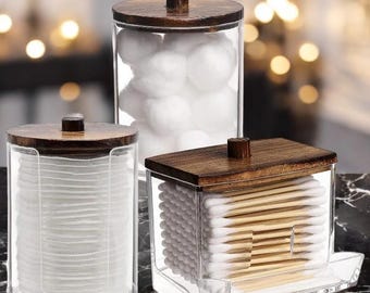 Light Wood Bathroom Canister Set for Cotton Pads and Swabs – Clear Acrylic Storage Jars for Vanity Organization, Modern Home Decor Holder