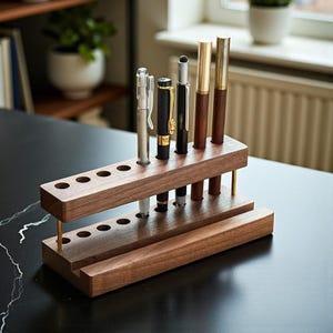 Può includere: Un portapenne in legno a due livelli, che contiene diverse penne di vari colori e design. Il supporto è in legno scuro e ha supporti color oro. Le penne includono fusti argentati, neri e marroni, creando un elegante organizer da scrivania.