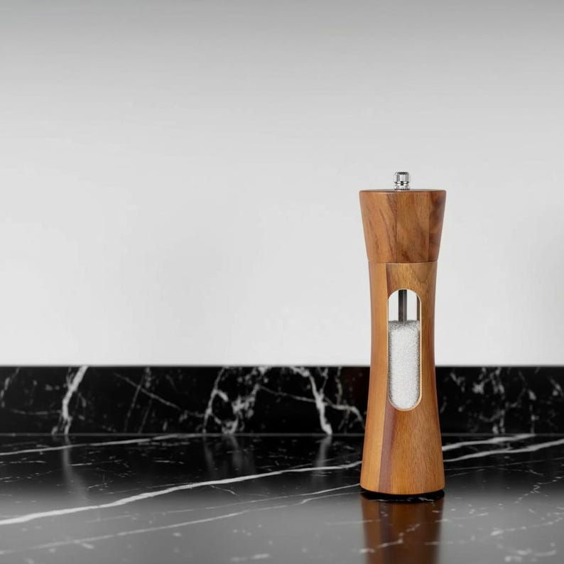Wooden Salt & Pepper Grinder Set with Base | 8” Adjustable Ceramic Core Mills | Rustic Kitchen Gift | Manual Spice Grinder Set 1 PC