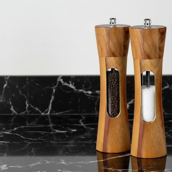Wooden Salt & Pepper Grinder Set with Base | 8” Adjustable Ceramic Core Mills | Rustic Kitchen Gift | Manual Spice Grinder Set