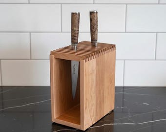 Solid Wood Japanese Knife Block | Minimalist Kitchen Organizer | Magnetic Knife Holder | Modern Wood Knife Stand | Eco Rustic Kitchen Deco