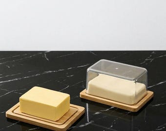 Rustic Wooden Butter Dish with Airtight Clear Cover Modern Butter Holder Natural Wood Butter Keeper for Kitchen Counter Dining Table