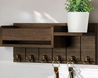 Rustic Wood Key Holder with Mail Organizer – Wall Mounted Entryway Shelf with Hooks for Keys, Letters, Wallets & Home Décor
