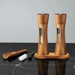 Wooden Salt & Pepper Grinder Set with Base | 8” Adjustable Ceramic Core Mills | Rustic Kitchen Gift | Manual Spice Grinder Set 1 Set