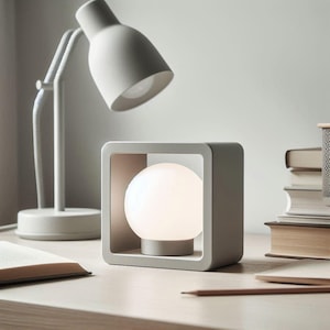 Op de afbeelding: Een moderne grijze bureaulamp met een vierkant frame dat een bolvormig licht omvat. Een bijpassende verstelbare bureaulamp is op de achtergrond te zien. De scène omvat boeken en een potlood op een lichtgekleurd bureau.
