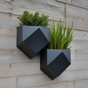 Op de afbeelding: Twee geometrische, donkergrijze wandplantenbakken met levend groen. De plantenbakken hebben een modern, hoekig ontwerp en zijn bevestigd aan een lichtgekleurde houten muur. Eén plantenbak bevat een groene bladplant, de andere heeft lange, slanke groene bladeren.