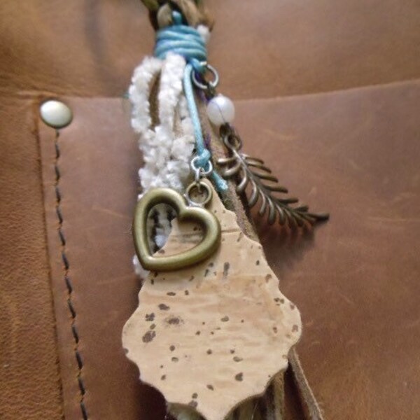 Soft Heart tassel charm shades of brown suede cream chenille faux pearl leaf cork shield with turquoise satin cord bronze heart