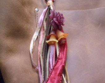 Spring is sprung with tassel purse charm keychain zipper pull maroon and peach springtime suede in coral and browns soft silky