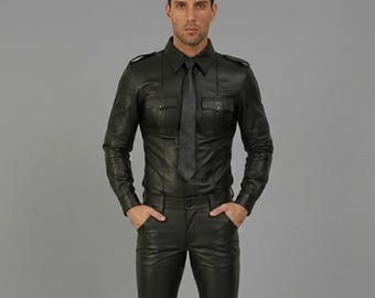 Camisa masculina de couro legítimo estilo policial - Uniforme de policial de manga comprida em couro bovino preto