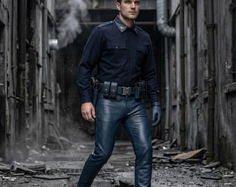 Pantalones de cuero de vaca azul oscuro para hombre, estilo motero - Corte ajustado, estilo policía.
