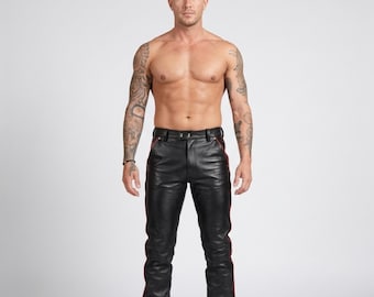 Pantalones de cuero genuino de vaca para hombre, estilo policía y motociclista, con ribete rojo, uniforme y estilo motociclista.