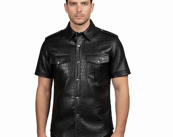 Men's Crocodile Embossed Leather Shirt - Black Military Style Short Sleeve Uniform