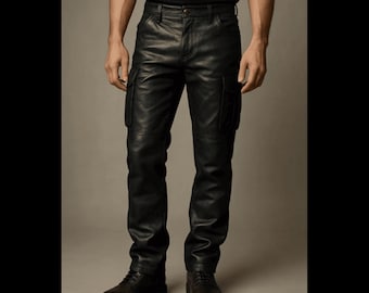 Men's Black Cowhide Leather Cargo Pants - Military Style Trousers