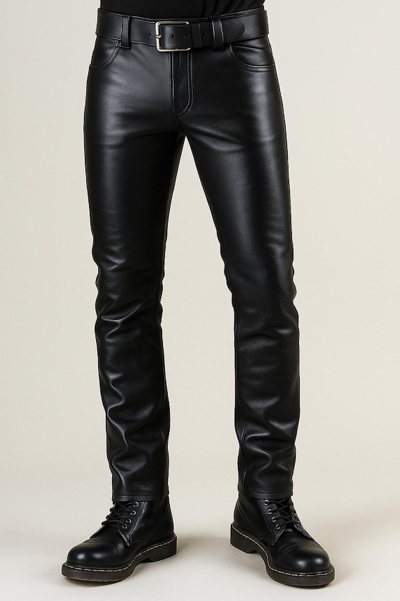 Men’s Black Genuine Leather Pants | Handmade Slim Fit Cowhide Trousers | Custom Tailored Biker Jeans