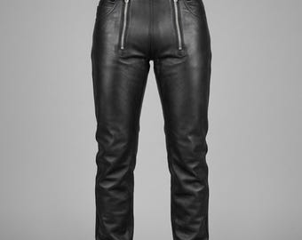 Mens Black Cowhide Leather Police Biker Pant Double Zippers Military Uniform Style