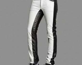 Men's Biker Style White & Black Cowhide Leather Trousers - Military Stripe Slim Fit Pant