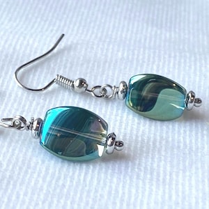 Sea-Green Iridescent Glass Earrings – Dainty Twisting Triangle Dangle
