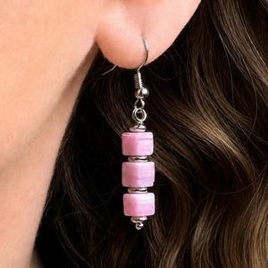 Pink Stacked Glass Earrings – Marbled Pale Pink & Raspberry Dangle Drops, Silver Detail