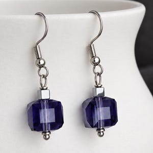 Black Glass Cube Earrings with Translucent Faceted Square Dangles and Silver