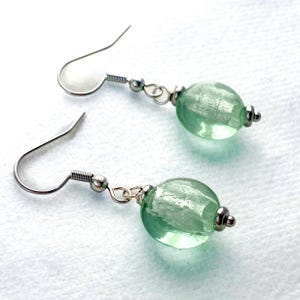 Mint green glass and foil earrings - minimalist silver modern jewelry - single stack
