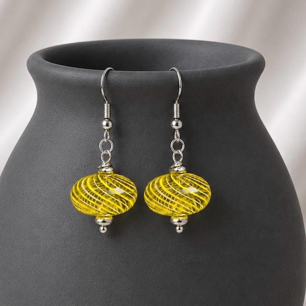 Lemon yellow and white swirl glass earrings - modern handblown glass