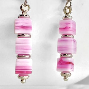 Pink Stacked Glass Earrings – Marbled Pale Pink & Raspberry Dangle Drops, Silver Detail