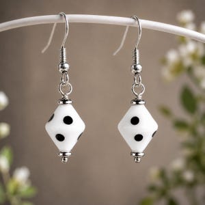 White triangular glass bead earrings with black polka dots, modern geometric drops