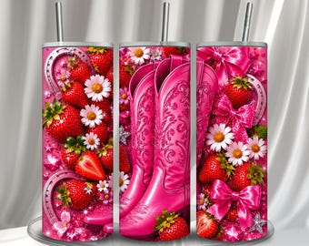 Pink Cowgirl Boots Strawberry Tumbler Wrap PNG, Coquette Western 20oz Skinny Tumbler Sublimation Design, Strawberry Cowgirl Digital Download