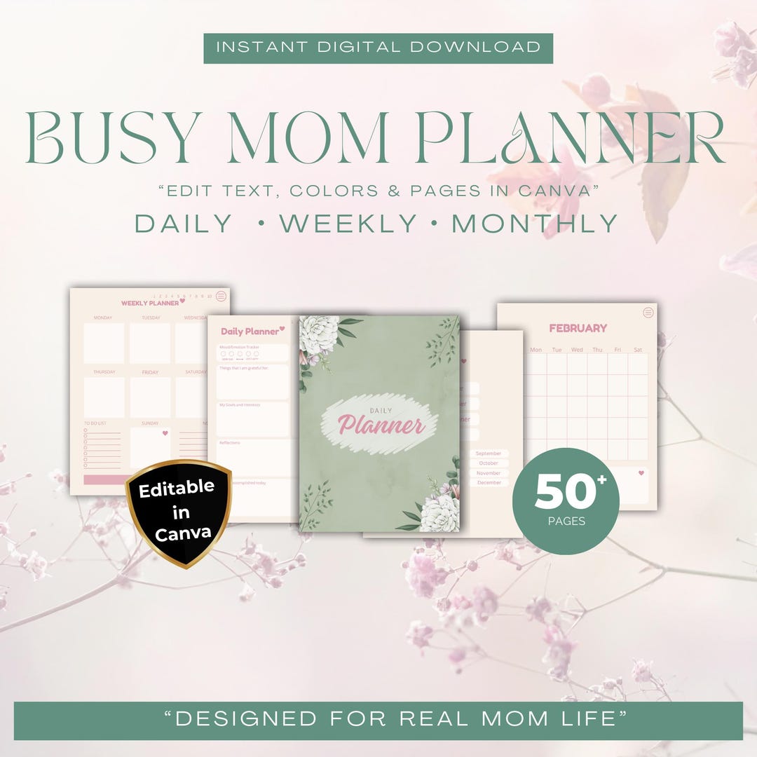 Busy Mom Planner | Editable Canva, Daily, Weekly, Monthly (digital ...