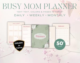 Beschäftigte Mama Planer | Bearbeitbare Canva, täglich, wöchentlich, monatlich (Digitaler Download)