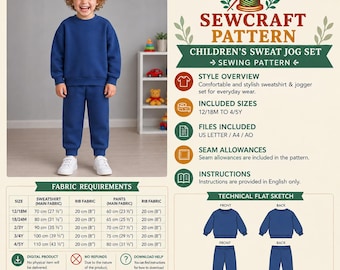 May include: A digital sewing pattern for a children's sweat jog set, featuring a blue sweatshirt and matching joggers. The graphic includes text, a technical flat sketch of the front and back of the garments, and a fabric requirements table.