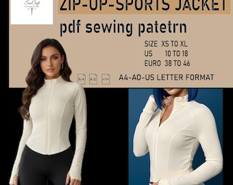 ジッパーアップスポーツジャケット | ダウンロード可能なPDF縫製パターン | A4 USレターサイズ印刷可能 | すぐにダウンロード可能