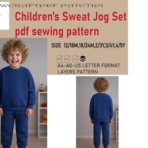 May include: A child wearing a blue sweat jog set, with a matching sweatshirt and sweatpants. The image includes text that reads "Children's Sweat Jog Set pdf sewing pattern" and size options. The pattern is available in A4-AO-US letter format.