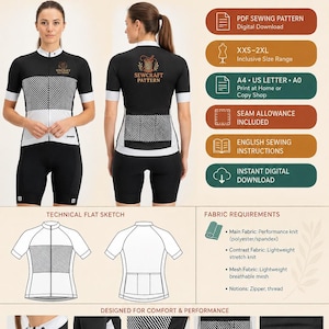 May include: A digital sewing pattern for a sport fit cycling jersey. The image displays the front and back of the jersey, technical flat sketches, fabric requirements, and feature details including a full front zipper and three back pockets.