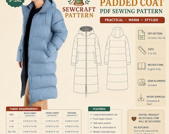 Hooded Padded Coat PDF Sewing Pattern |Downloadable PDF Sewing Pattern |A4 US Letter Printable | Instant Downloadable